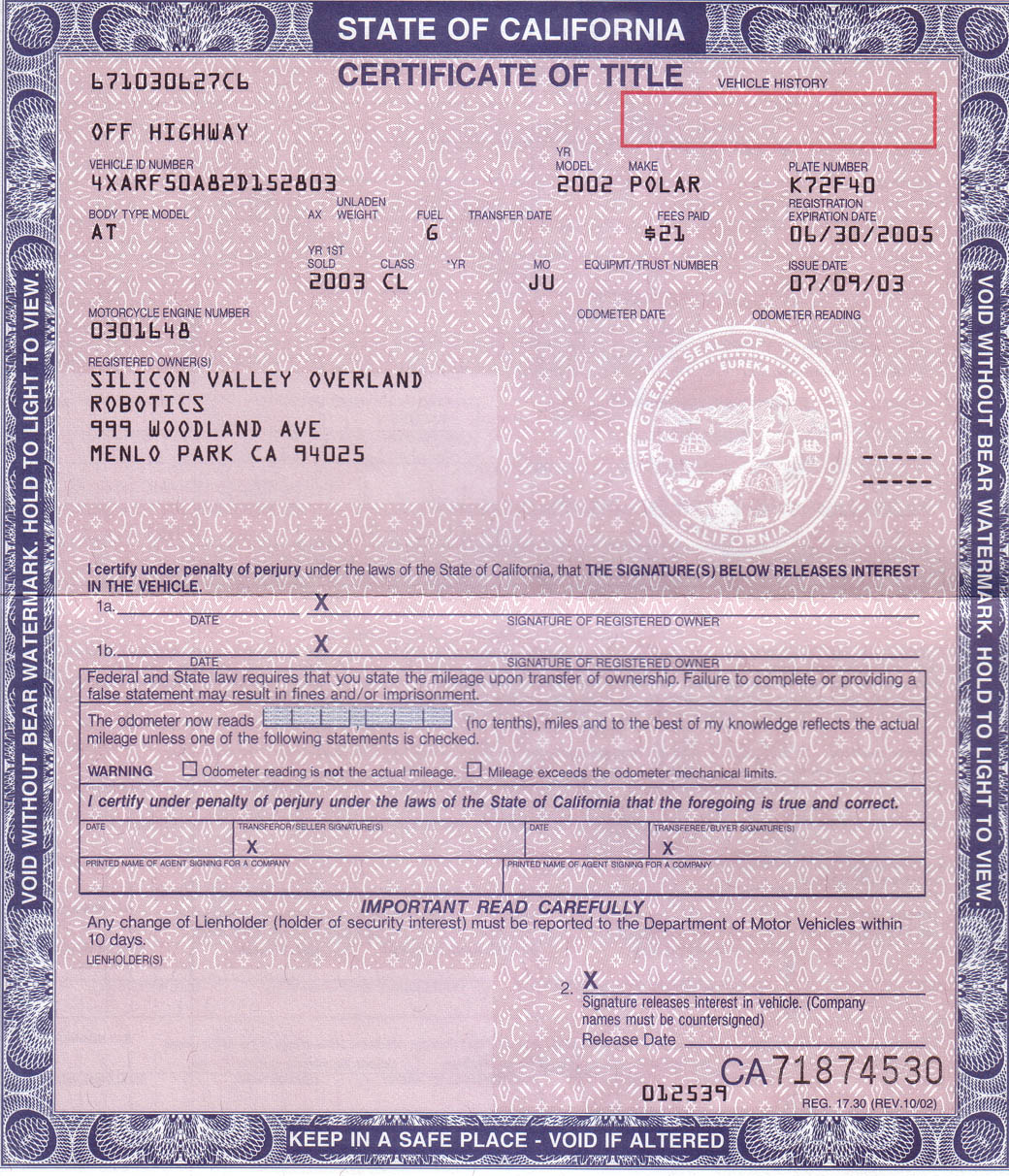 assignment of title section on the certificate of title